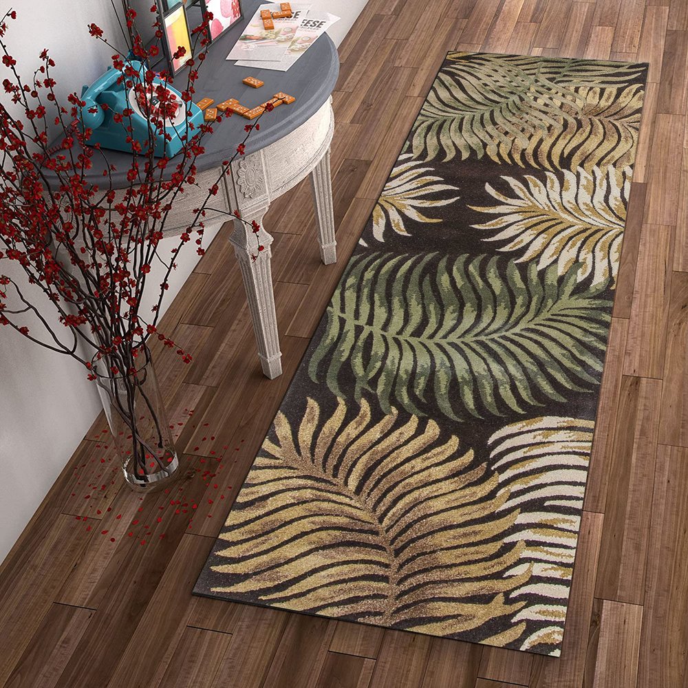 3' X 5' Espresso Beige And Green Wool Botanical Leaves Hand Tufted Area Rug