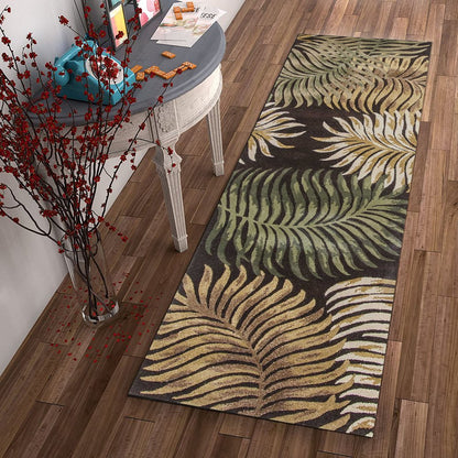 3' X 5' Espresso Beige And Green Wool Botanical Leaves Hand Tufted Area Rug