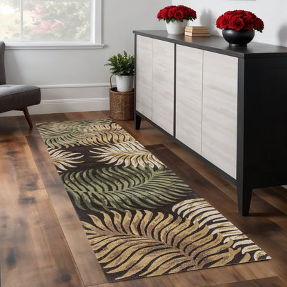 3' X 5' Espresso Beige And Green Wool Botanical Leaves Hand Tufted Area Rug