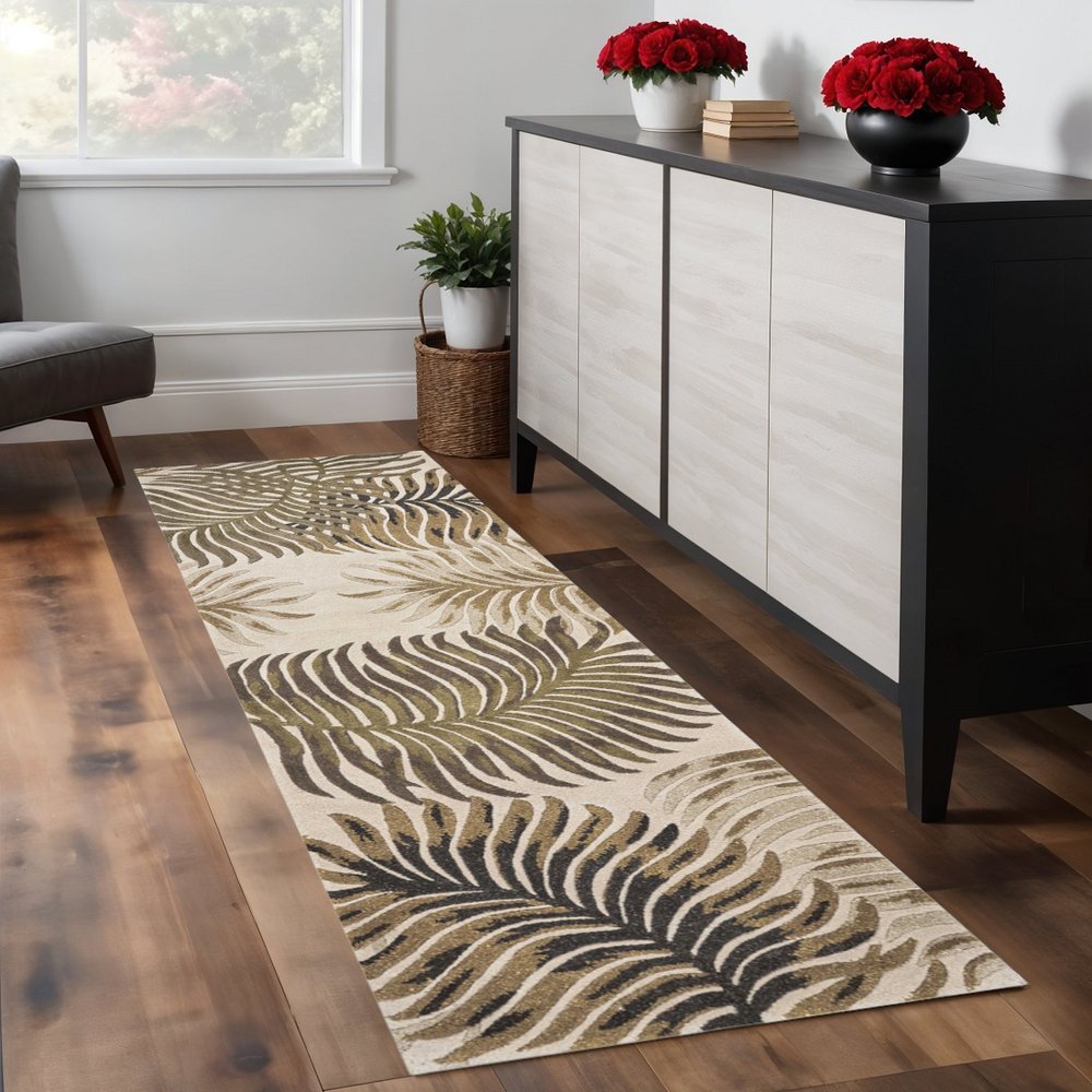 3' X 5' Natural Green And Brown Wool Botanical Leaves Hand Tufted Area Rug