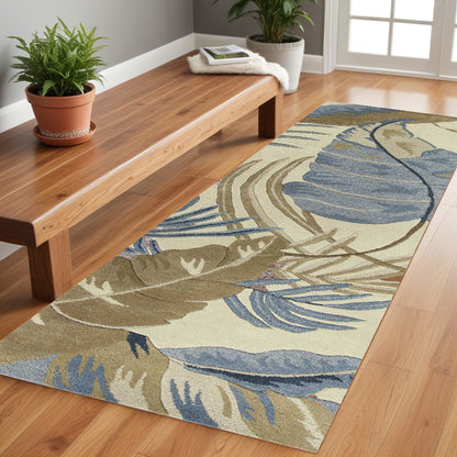 5' X 8' Ivory and Blue Wool Tropical Botanical Hand Tufted Area Rug