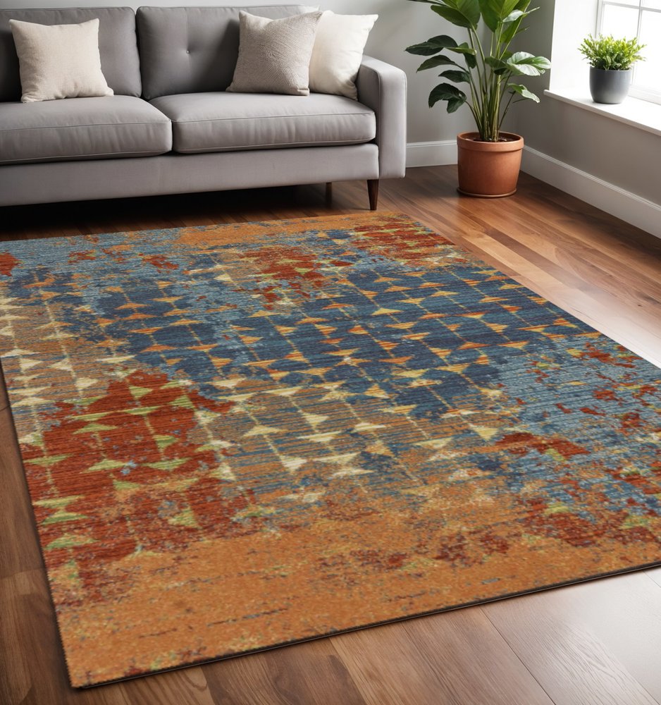 7' X 10' Blue Red And Orange Abstract Area Rug