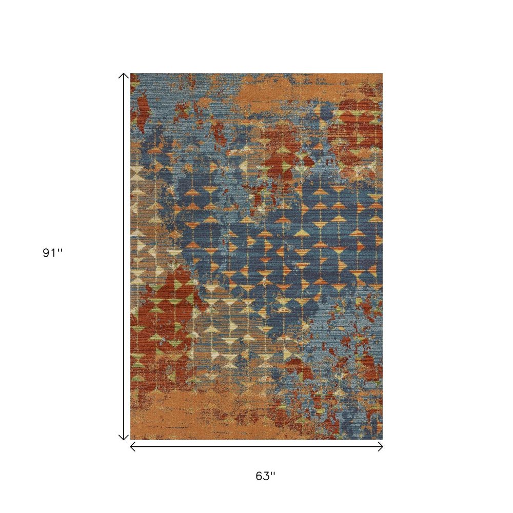 7' X 10' Blue Red And Orange Abstract Area Rug