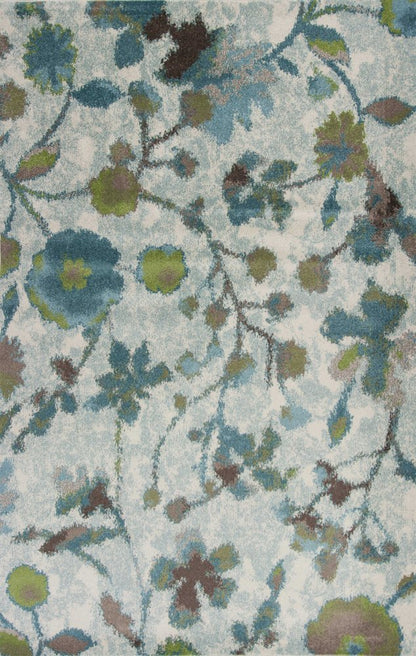 10' X 13' Teal Blue White And Green Floral Vines Area Rug