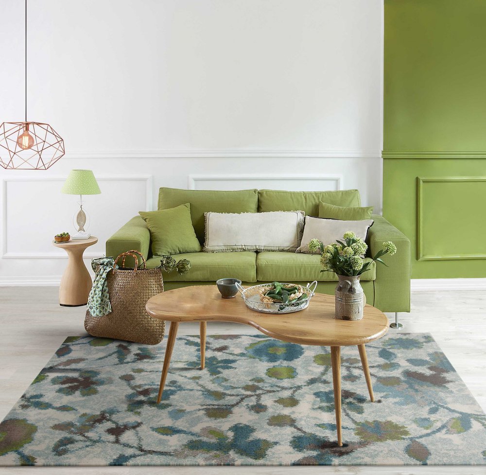 10' X 13' Teal Blue White And Green Floral Vines Area Rug