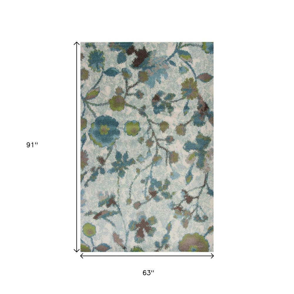 10' X 13' Teal Blue White And Green Floral Vines Area Rug