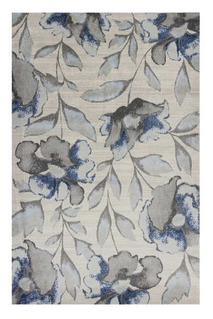 7' X 10' Ivory Blue And Gray Floral Vines Area Rug