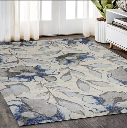 7' X 10' Ivory Blue And Gray Floral Vines Area Rug