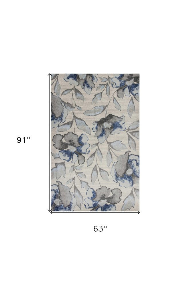 7' X 10' Ivory Blue And Gray Floral Vines Area Rug