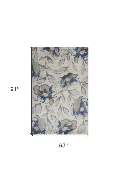 7' X 10' Ivory Blue And Gray Floral Vines Area Rug
