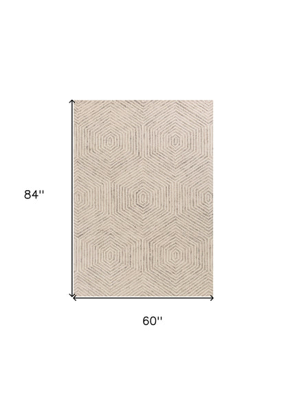 5' X 7' Ivory Geometric Hexagon Wool Indoor Area Rug