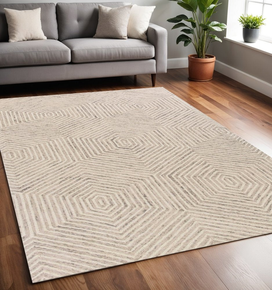 9' X 12' Sand Beige Wool Geometric Hand Tufted Area Rug