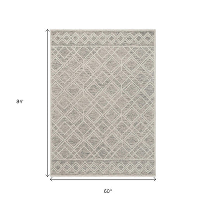 5' X 7' Sand Beige And Ivory Wool Geometric Hand Hooked Area Rug