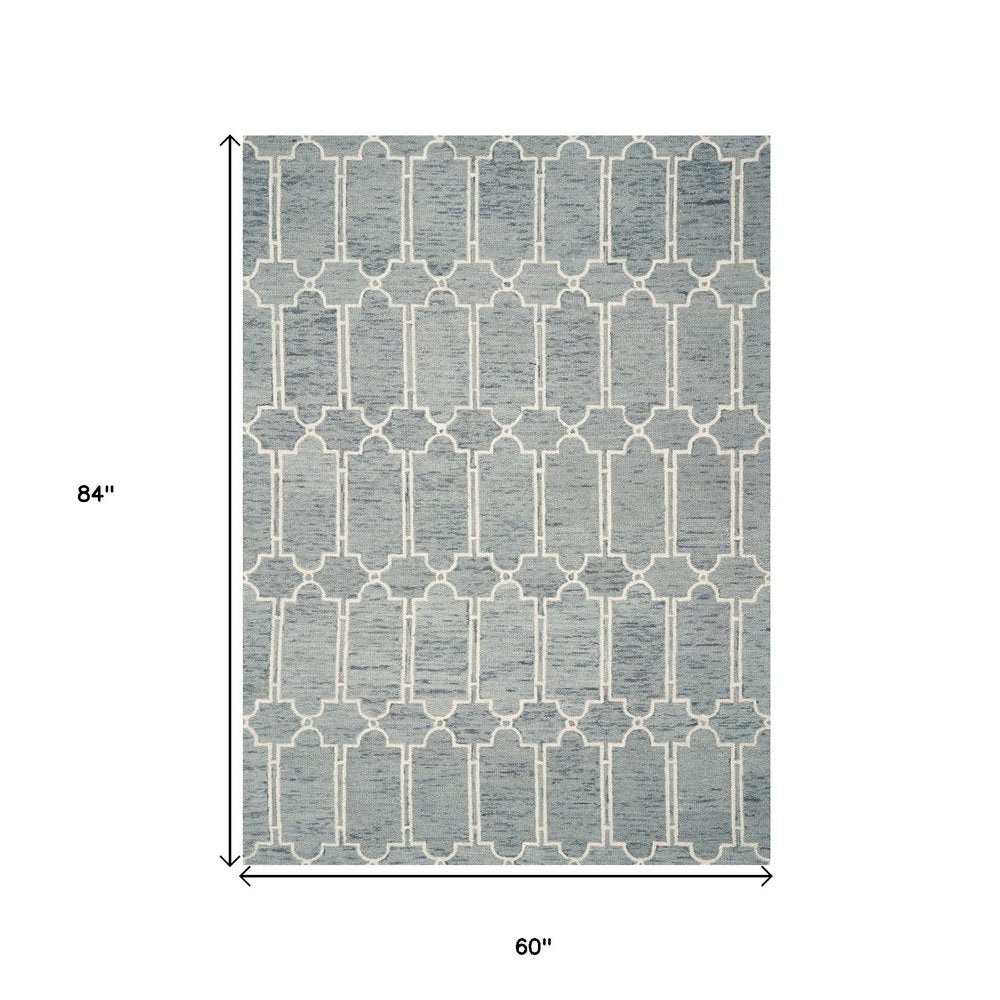5' X 7' Slate Blue And Ivory Wool Geometric Hand Tufted Area Rug