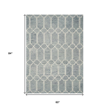 5' X 7' Slate Blue And Ivory Wool Geometric Hand Tufted Area Rug