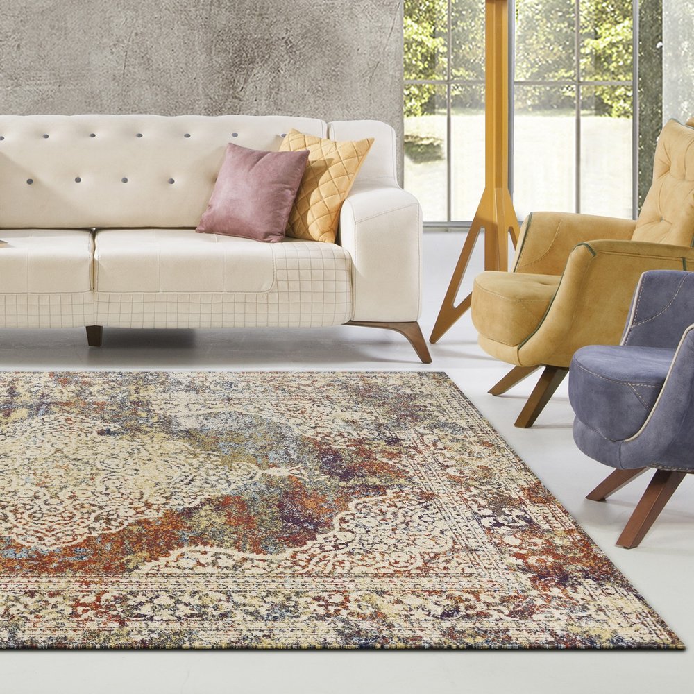 5' X 8' Ivory Blue And Orange Medallion Area Rug