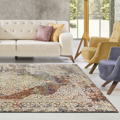 5' X 8' Ivory Blue And Orange Medallion Area Rug