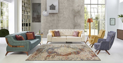 5' X 8' Ivory Blue And Orange Medallion Area Rug