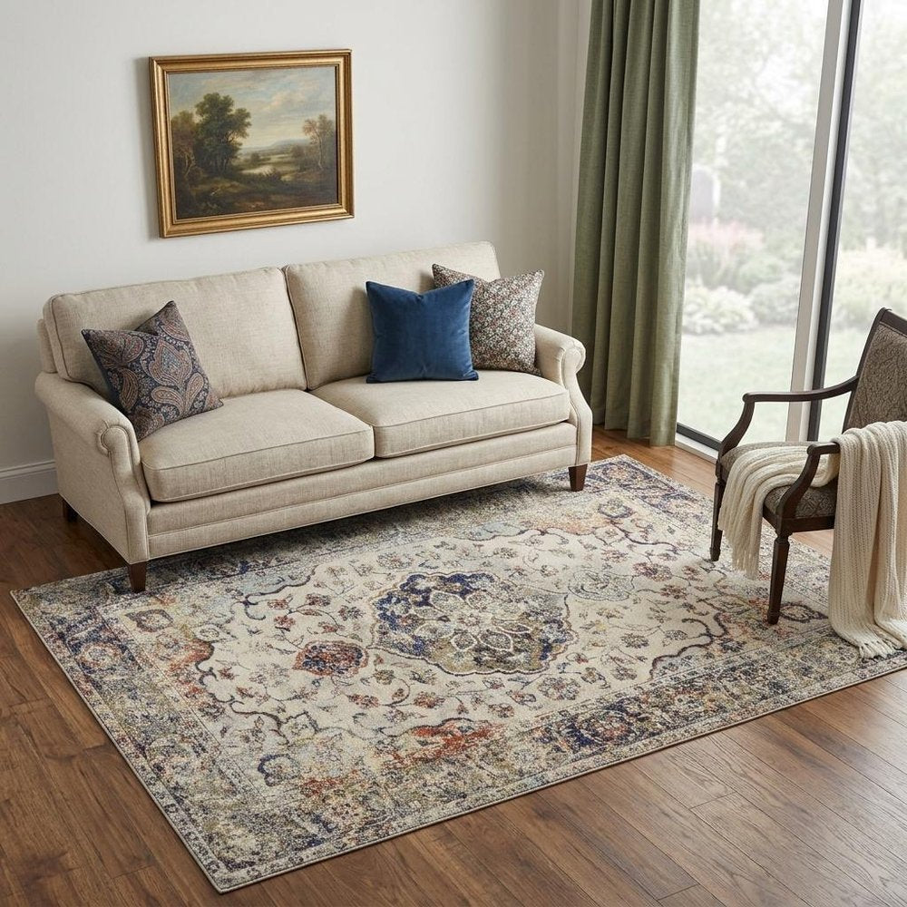 5' X 8' Ivory Blue And Orange Medallion Area Rug
