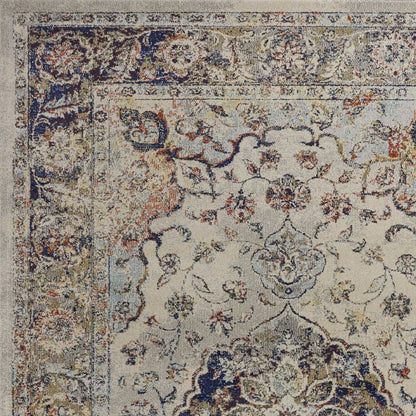 5' X 8' Ivory Blue And Orange Medallion Area Rug