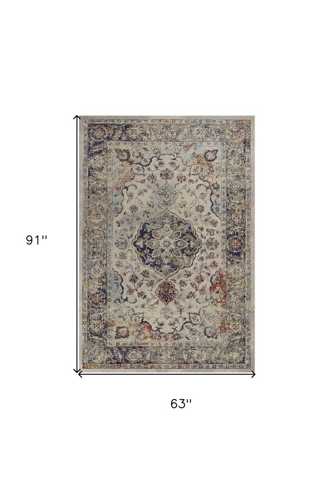 5' X 8' Ivory Blue And Orange Medallion Area Rug