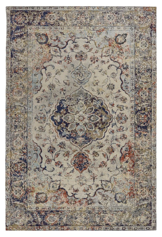 5' X 8' Ivory Blue And Orange Medallion Area Rug