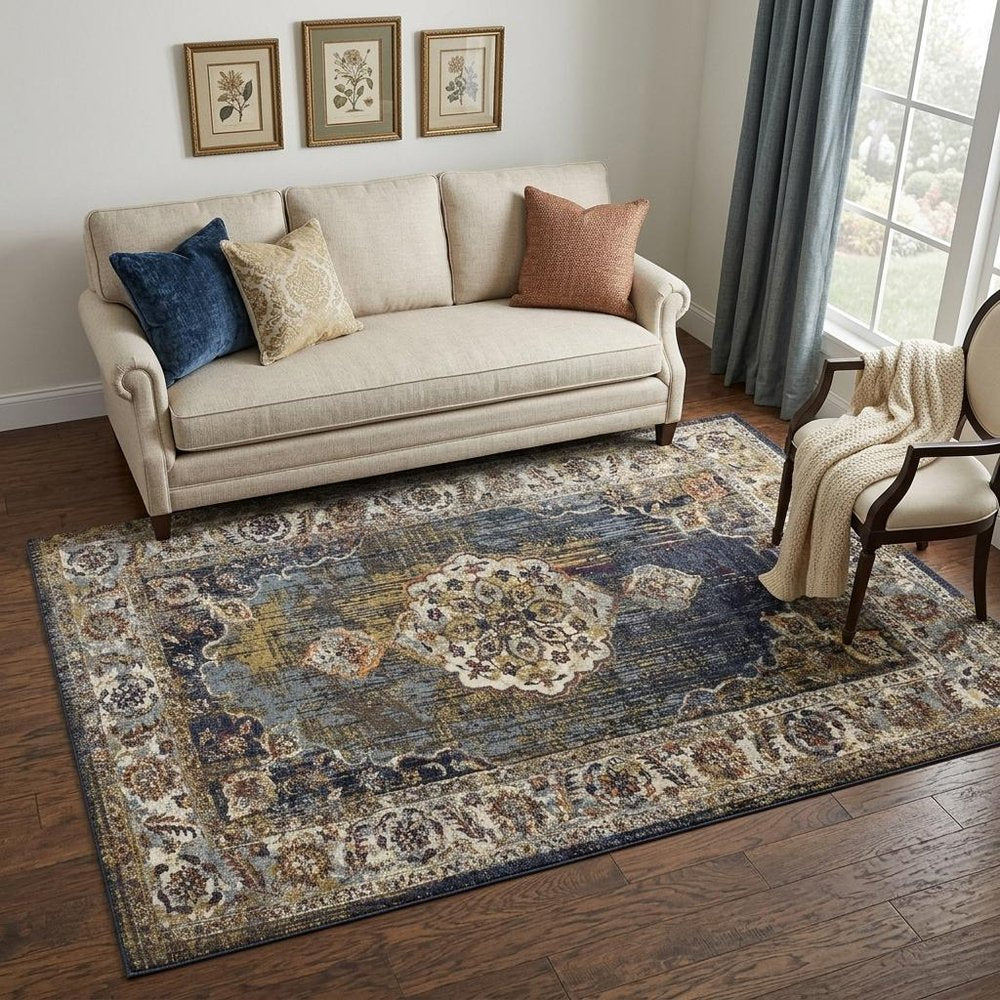 5' X 8' Navy Blue Gold And Ivory Medallion Area Rug