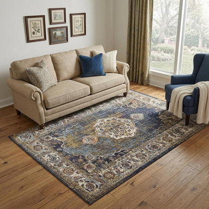 5' X 8' Navy Blue Gold And Ivory Medallion Area Rug