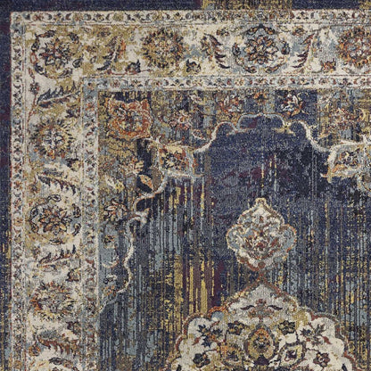 5' X 8' Navy Blue Gold And Ivory Medallion Area Rug
