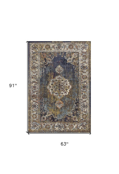 5' X 8' Navy Blue Gold And Ivory Medallion Area Rug