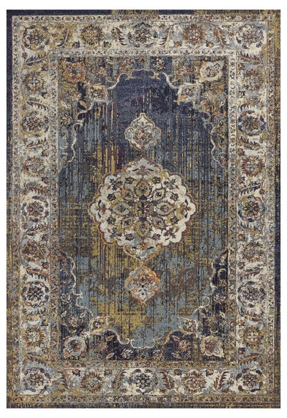 5' X 8' Navy Blue Gold And Ivory Medallion Area Rug