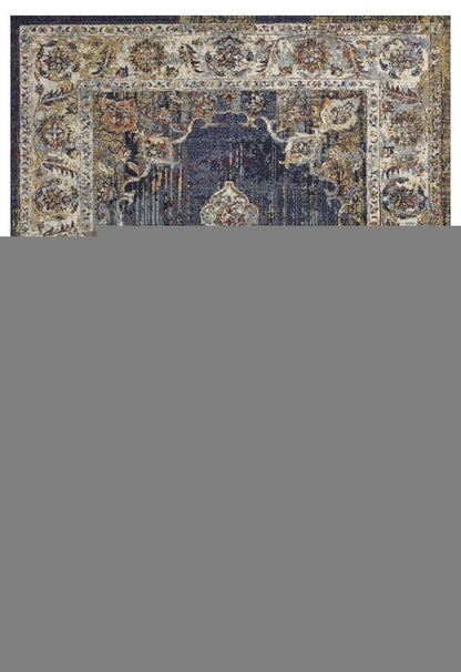 5' X 8' Navy Blue Gold And Ivory Medallion Area Rug