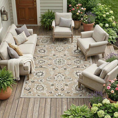 5' X 8' Gray And Ivory Floral Indoor Outdoor Area Rug