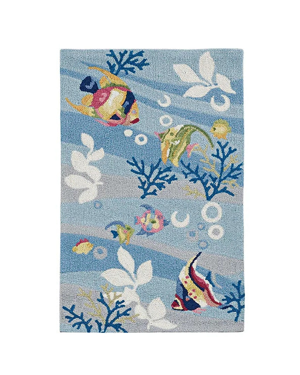 8' X 10' Blue Hand Hooked Marine Life Indoor Area Rug