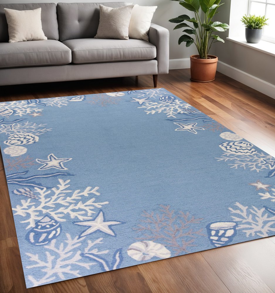 5' X 8' Blue Gray And White Fish and Coral Hand Tufted Area Rug