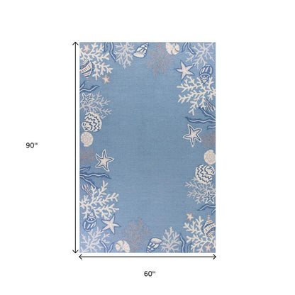 5' X 8' Blue Gray And White Fish and Coral Hand Tufted Area Rug