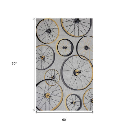 5' X 8' Gray Black And Yellow Abstract Geometric Hand Hooked Area Rug