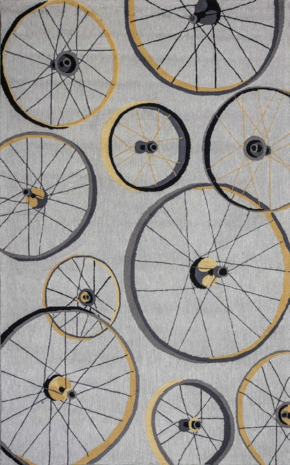 8' X 10' Gray Hand Hooked Wheels Area Rug