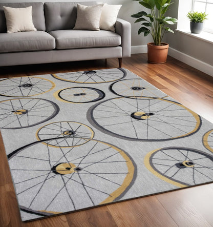 5' X 8' Gray Black And Yellow Abstract Geometric Hand Hooked Area Rug