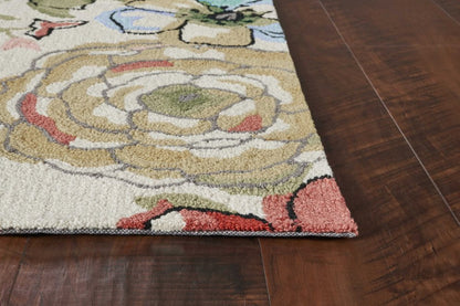 8' X 8' Sand Blue And Red Floral Hand Hooked Round Rug