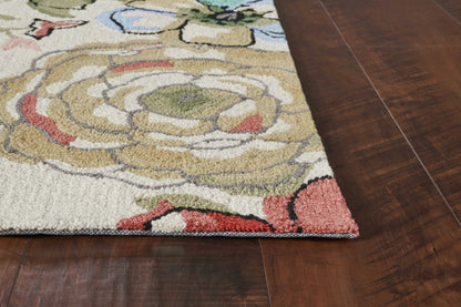 8' X 8' Sand Blue And Red Floral Hand Hooked Round Rug