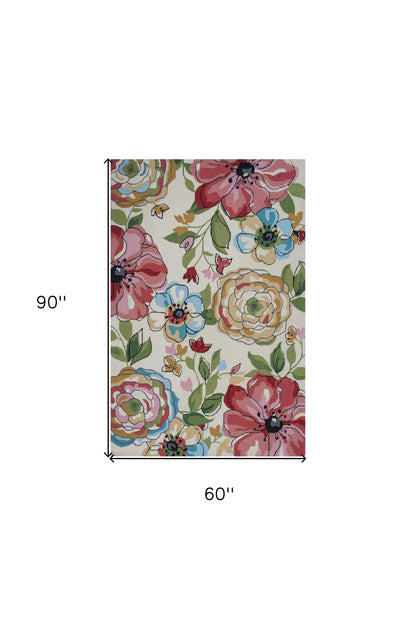 8' X 8' Sand Blue And Red Floral Hand Hooked Round Rug