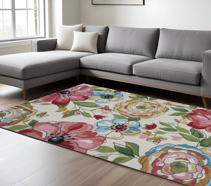 8' X 8' Sand Blue And Red Floral Hand Hooked Round Rug