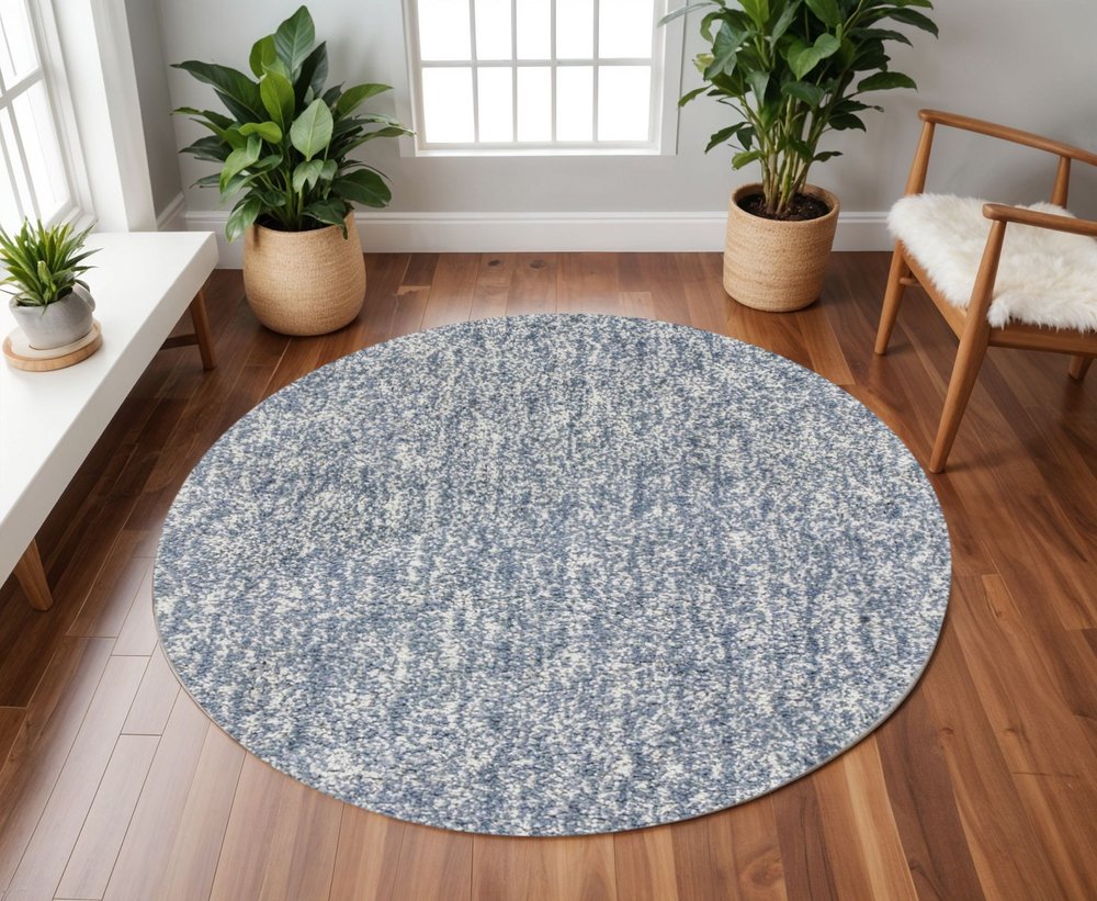 8' Slate Blue And Ivory Abstract Hand Woven Round Rug