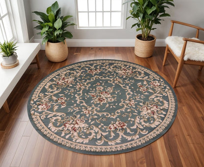 9' X 12' Slate Blue And Red Floral Medallion Area Rug