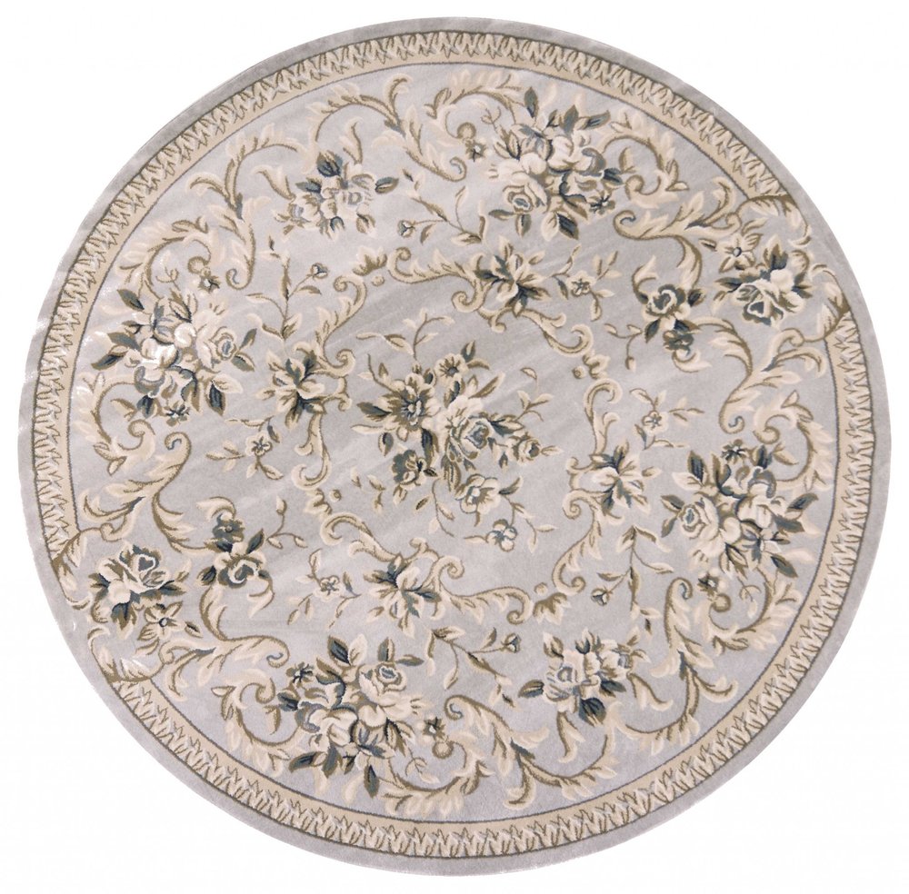 8' Light Gray Green And Tan Floral Medallion Round Rug