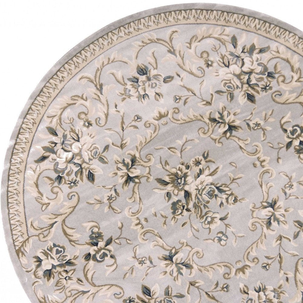 8' Light Gray Green And Tan Floral Medallion Round Rug