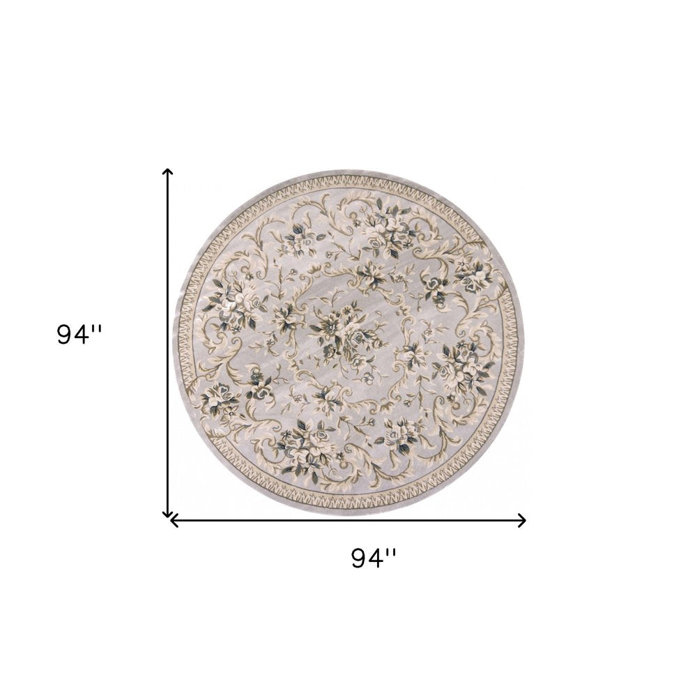 8' Light Gray Green And Tan Floral Medallion Round Rug