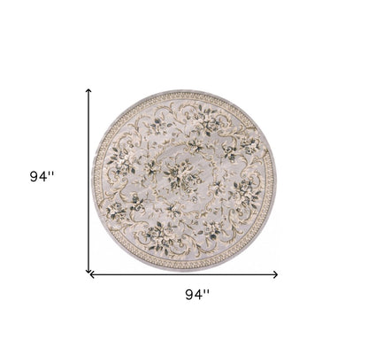 8' Light Gray Green And Tan Floral Medallion Round Rug