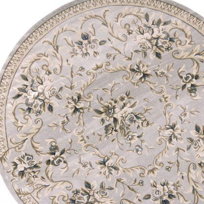 8' Light Gray Green And Tan Floral Medallion Round Rug